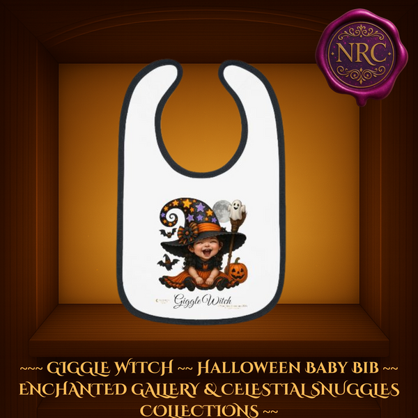 Giggle Witch Halloween Baby Bib featuring adorable laughing baby witch with purple starry hat, pumpkin, bats, and ghosts by Noni Ross Creations