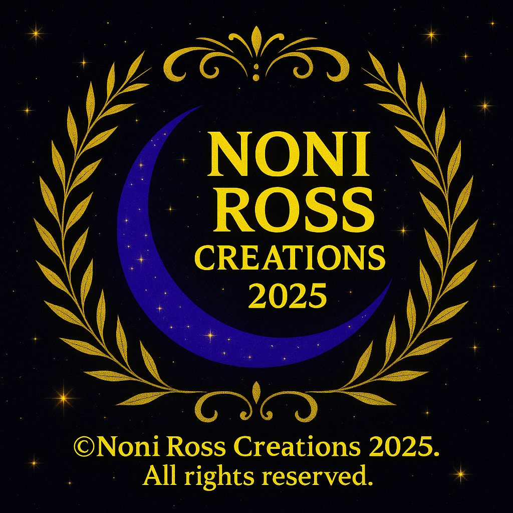 Logo for Noni Ross Creations with a blue crescent moon and gold leaves on a dark background.