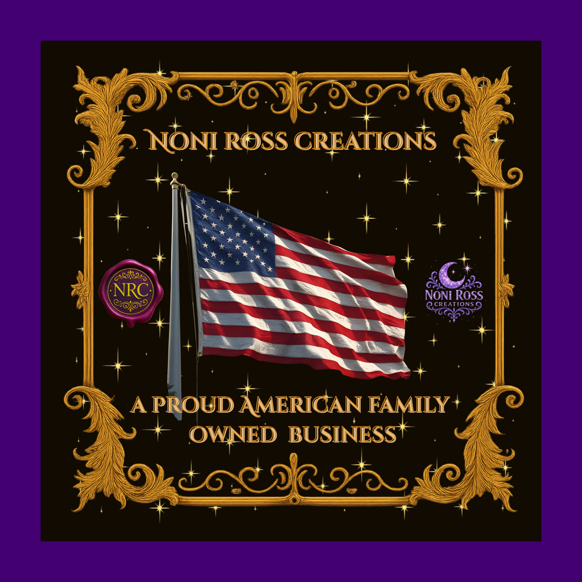 Advertisement for Noni Ross Creations with American flag and decorative text on a purple background