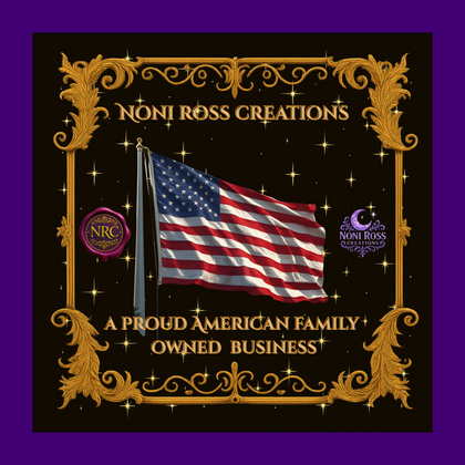 Advertisement for Noni Ross Creations with American flag and decorative text on a purple background