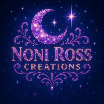 Decorative logo for Noni Ross Creations with a purple crescent moon and stars on a dark blue background.
