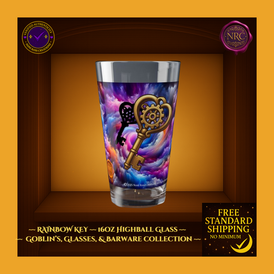 Highball glass with key design in a decorative box, featuring NRC branding.