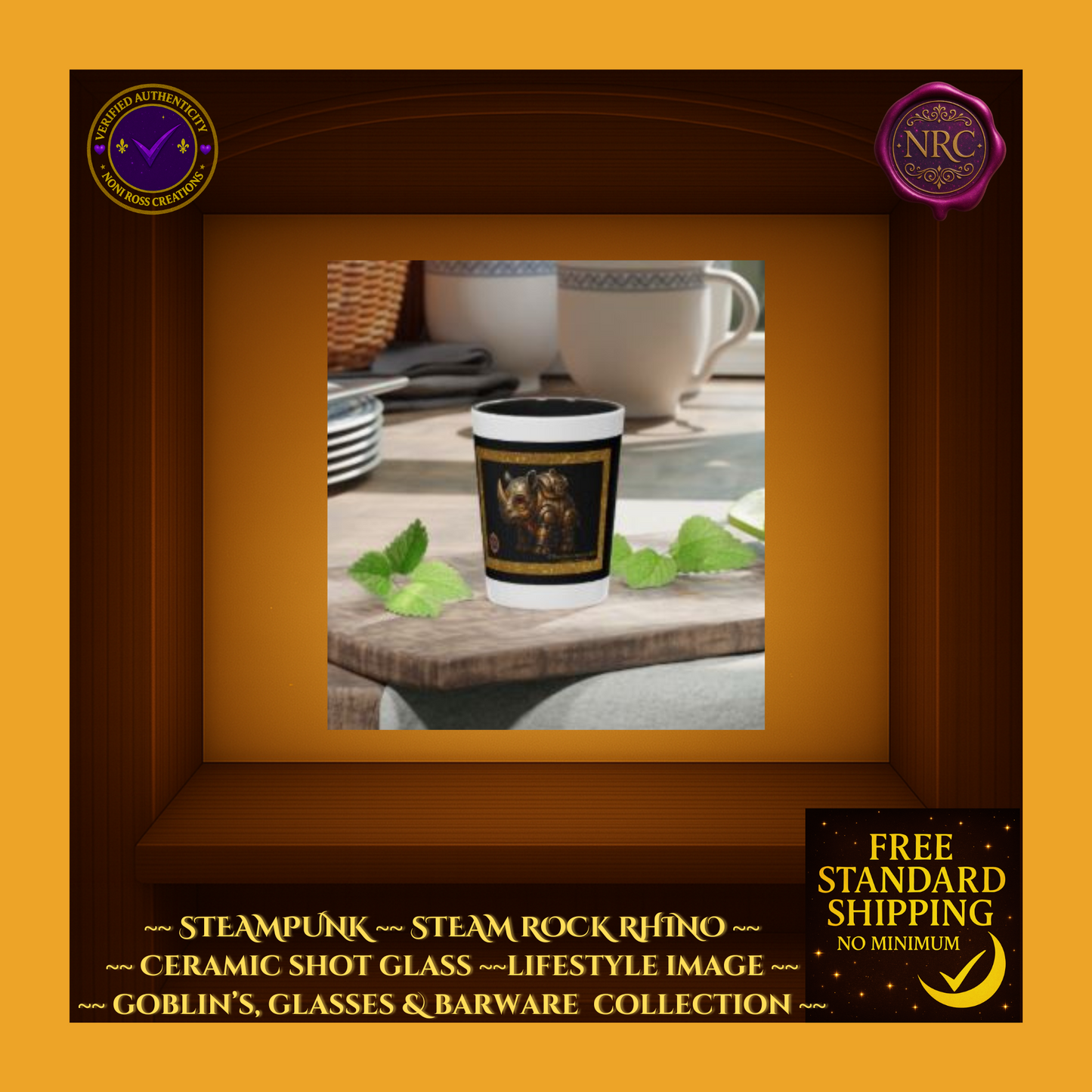 Steampunk Steam Rock Rhino Ceramic Shot Glass by Noni Ross Creations