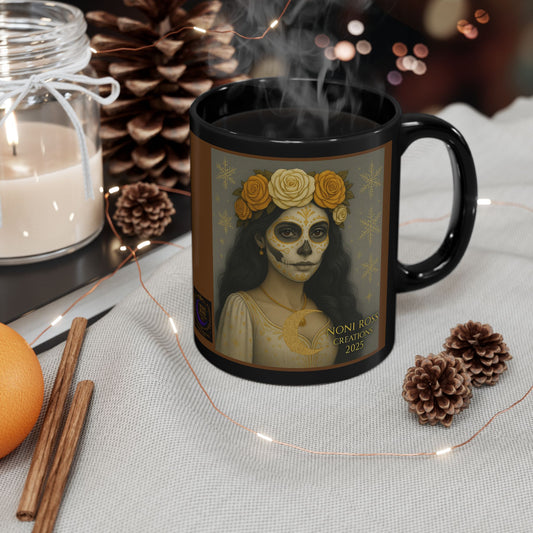 “December Catrina skull mug featuring elegant woman with gold sugar skull makeup, floral crown, and snowy winter backdrop by Noni Ross Creations”