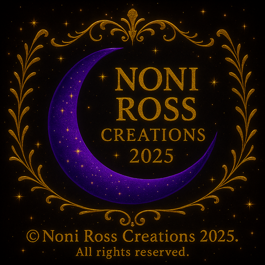 Noni Ross Creations brand logo with copyright ribbon overlay on Aquarius male skull candle product image.
