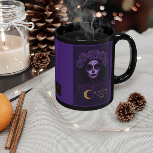 April Violet Catrina mug featuring sugar skull queen with violet roses, radiant eyes, and celestial accents – Mystic Skulls Collection