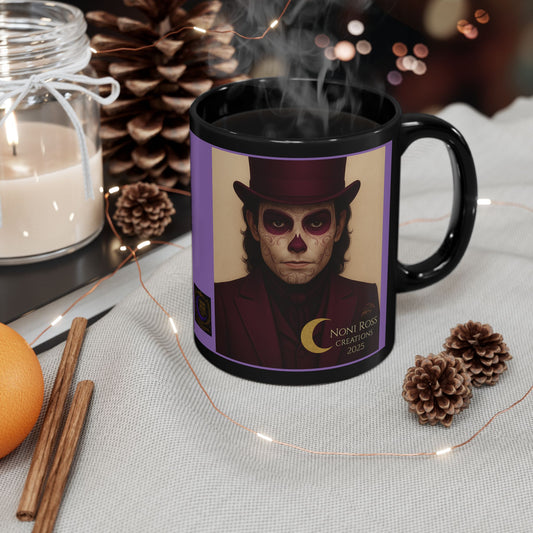 "August Catrin mug featuring a regal sugar skull gentleman in burgundy rose tones with elegant gothic details – Noni Ross Creations"