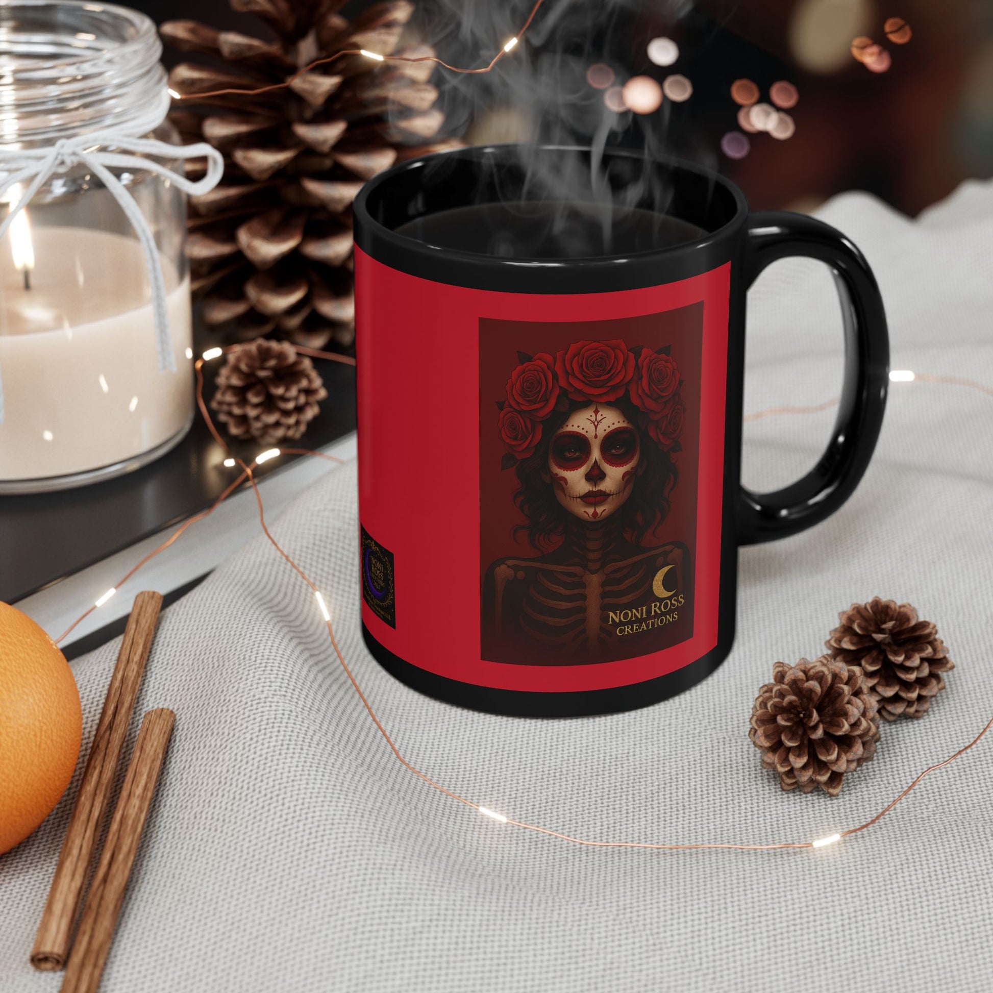  “Mystic Skulls – February Red Catrina Mug front view showing ruby-red Catrina gemstone portrait on glossy white ceramic | Noni Ross Creations”