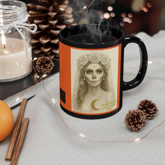Elegant June Bridal Catrina mug featuring a silver and gold sugar skull design with celestial lace accents, set on a two-tone ceramic coffee cup.