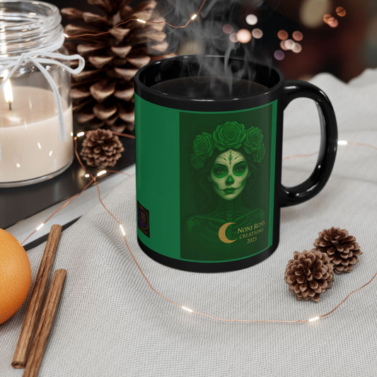 March Green Catrina mug featuring sugar skull goddess with green roses and skeletal neckline – Mystic Skulls Day of the Dead design