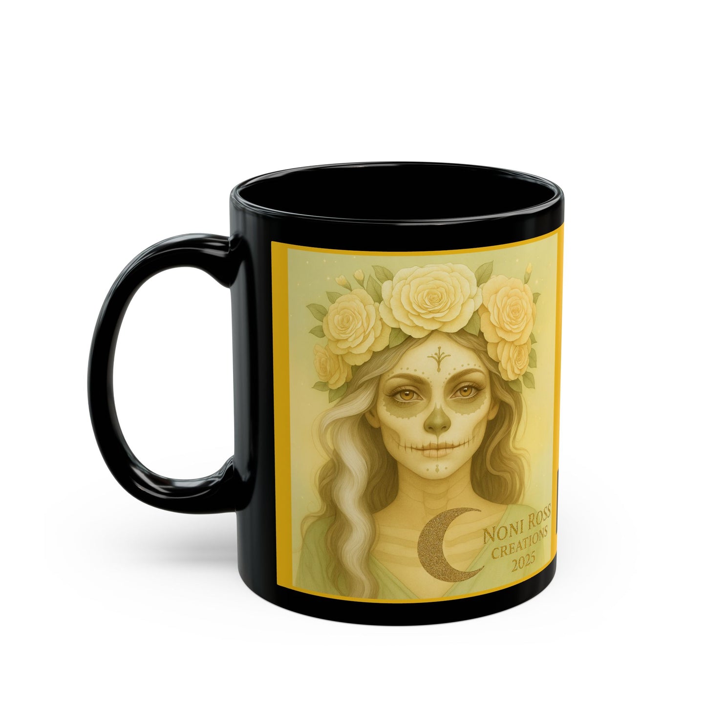 Front-facing May Catrin coffee mug with black accent handle and Day of the Dead skull artwork