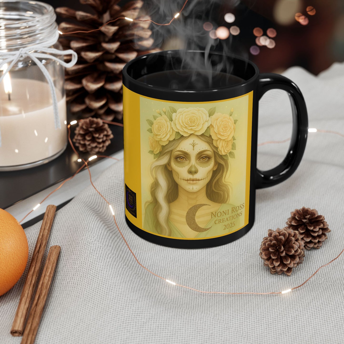 Mystic Skulls May Golden Catrin Mug with sugar skull art, gold accents, and sage green floral background