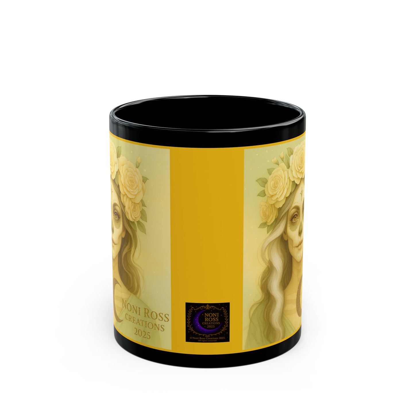 360-degree view of June Bridal Catrina skull art mug, featuring detailed sugar skull face, flowers, and gold crown | Noni Ross Creations