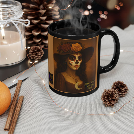 “November Catrina skull mug featuring elegant woman with sugar skull makeup, floral hat, and golden autumn background by Noni Ross Creations”