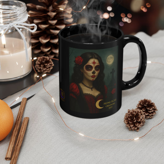“Crimson Catrina skull mug featuring gothic sugar skull woman in red gown with moonlit graveyard background by Noni Ross Creations”