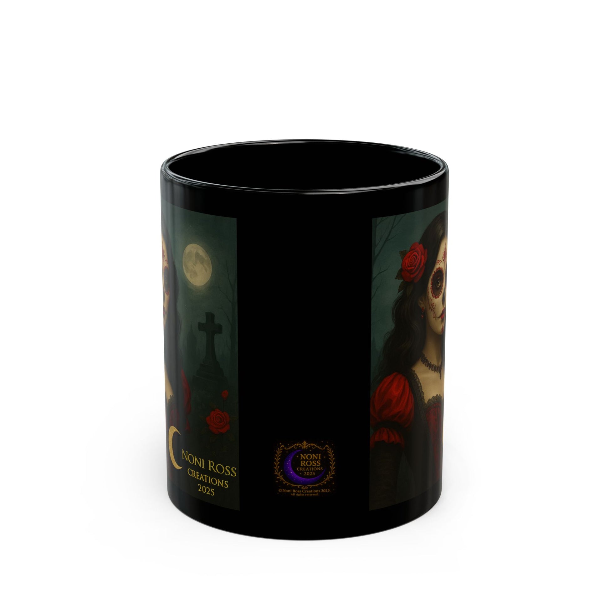 “Rotating view of Midnight Catrina mug showing sugar skull face, Victorian attire, gold accents, and misty graveyard elements”