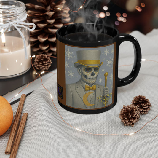 “December Catrin skull mug featuring elegant winter figure in silver suit and gold accents with snowflake background by Noni Ross Creations”