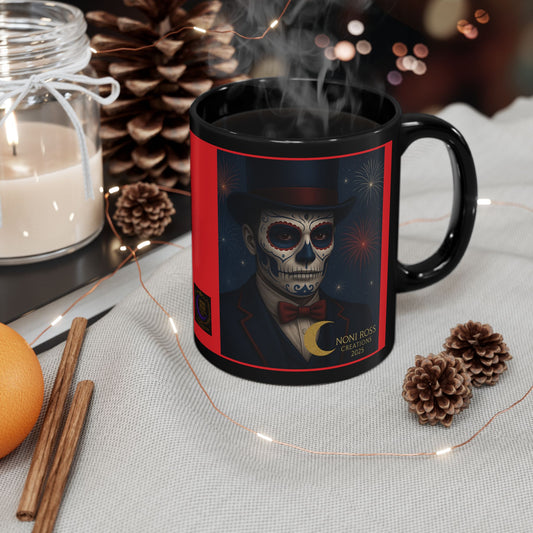  “Mystic Skulls – February Red Catrin Mug front view showing gemstone-style ruby-red Catrin portrait on glossy white ceramic | Noni Ross Creations”