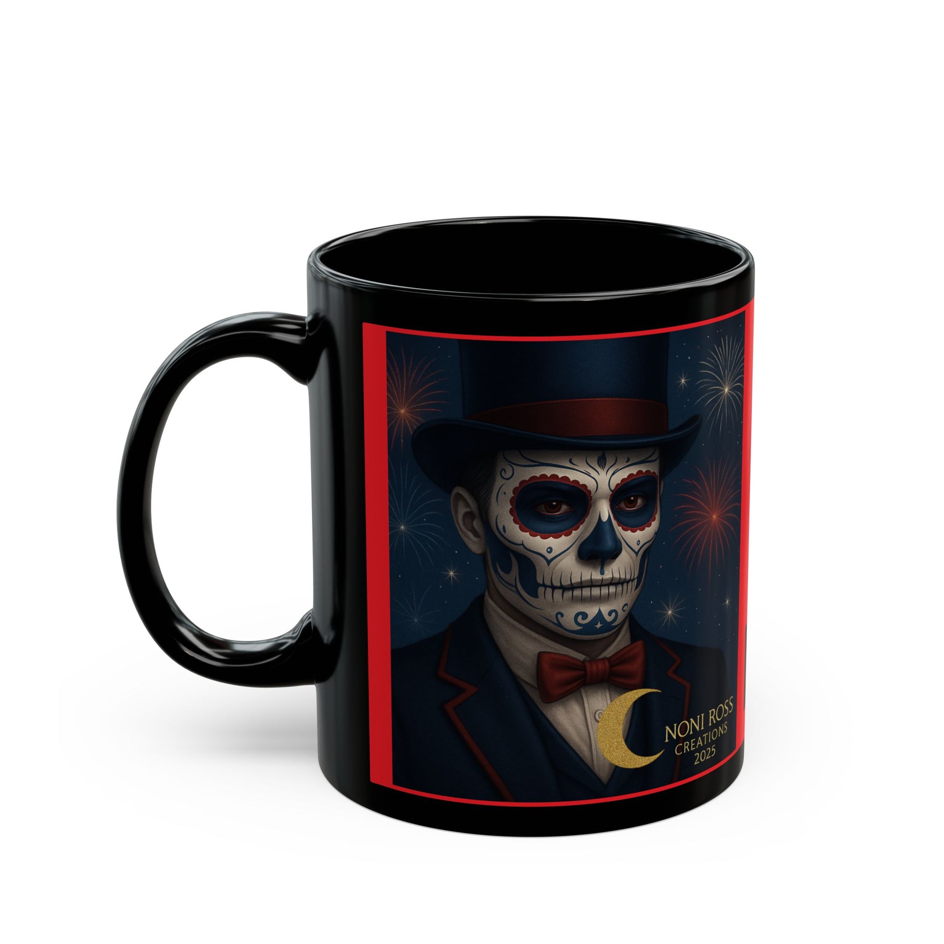  “Mystic Skulls – February Red Catrin Mug front view with handle on left, highlighting detailed ruby-red gemstone Catrin design | Noni Ross Creations”