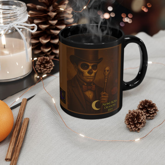“November Catrin skull mug featuring regal male figure with gold cane, pumpkin accents, and glowing autumn background by Noni Ross Creations”