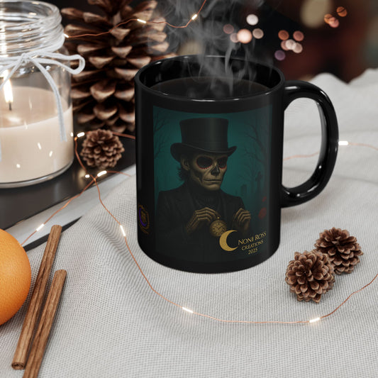 “October Catrin skull mug featuring gothic male figure with gold pocket watch, Victorian suit, and graveyard background by Noni Ross Creations”