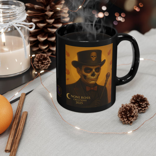 “September Harvest Catrin mug featuring regal Victorian skull art with autumn leaves and gradient fall background by Noni Ross Creations”